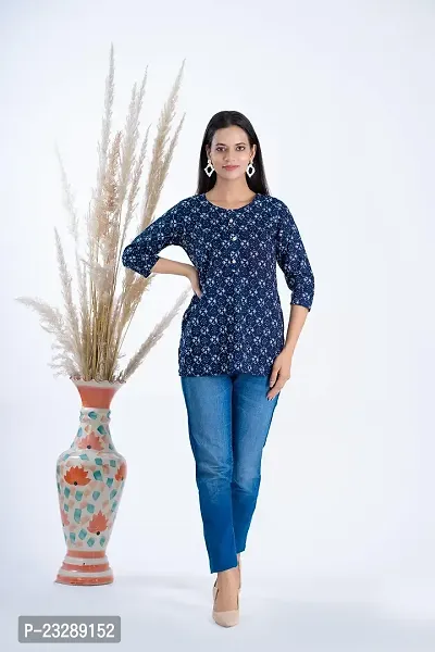 Clothekettle Women's Cotton Block Printed Straight Round Neck Short Kurti Top | Blue |-thumb2