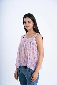 Clothekettle Women's Chiffon Floral Printed Straight Square Neck Short Top | White  Purple |-thumb2