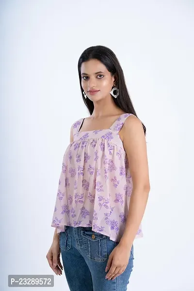 Clothekettle Women's Chiffon Floral Printed Straight Square Neck Short Top | White  Purple |-thumb3