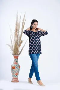 Clothekettle Women's Cotton Motif Printed Straight Round Neck Short Kurti Top | Blue |-thumb2