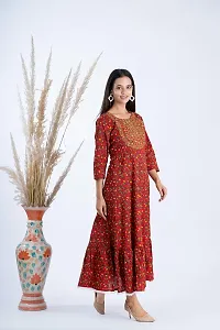 Clothekettle Women's Cotton Floral Printed A-Line Round Neck Long Gown | Red |-thumb2