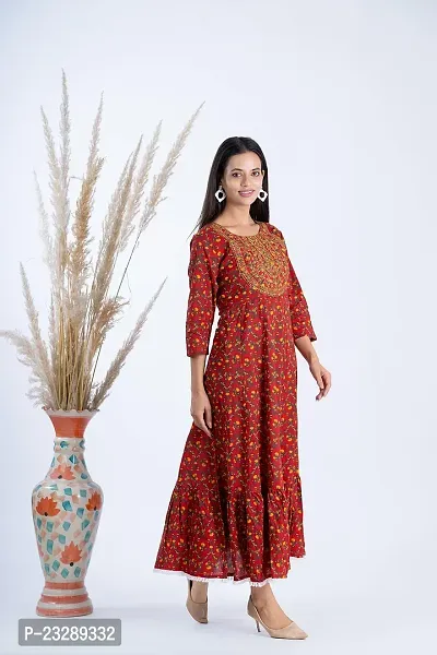 Clothekettle Women's Cotton Floral Printed A-Line Round Neck Long Gown | Red |-thumb3