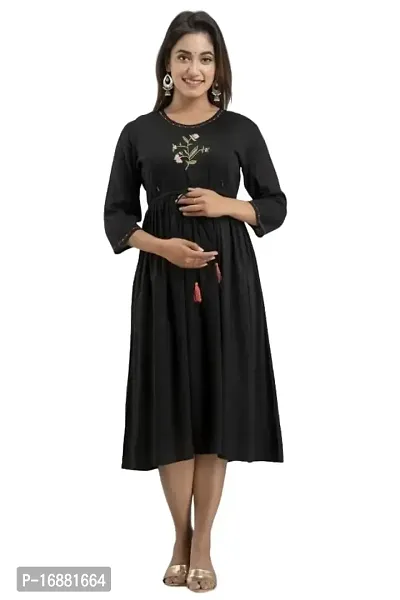 ATTiREZiLLA Women's Rayon Floral Embroidery Anarkali Maternity Feeding Kurti (Large, Black)-thumb0