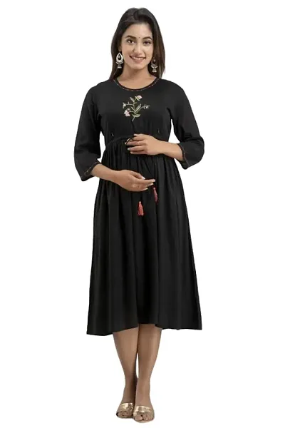 ATTiREZiLLA Women's Rayon Floral Embroidery Anarkali Maternity Feeding Kurti (Large, Black)