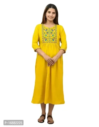 ATTiREZiLLA Women's Rayon Maternity Gown Feeding Kurti | Embroidery Maternity Dress (XX-Large, Yellow)