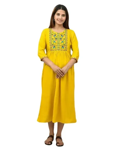 ATTiREZiLLA Women's Rayon Maternity Gown Feeding Kurti | Embroidery Maternity Dress (XX-Large, Yellow)