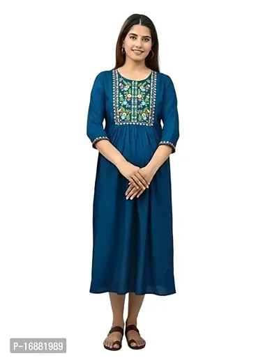 ATTiREZiLLA Women's Rayon Maternity Gown Feeding Kurti | Embroidery Maternity Dress (XX-Large, Nevy Blue)