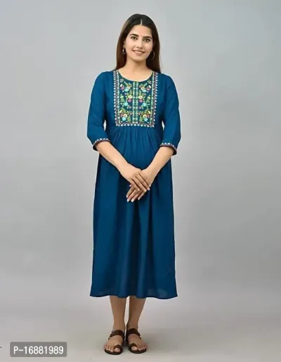 ATTiREZiLLA Women's Rayon Maternity Gown Feeding Kurti | Embroidery Maternity Dress (XX-Large, Nevy Blue)-thumb2
