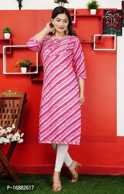 ATTiREZiLLA Women Cotton Laheriya Print Straight Kurta (Large, Pink)-thumb2