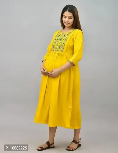 ATTiREZiLLA Women's Rayon Maternity Gown Feeding Kurti | Embroidery Maternity Dress (XX-Large, Yellow)-thumb4