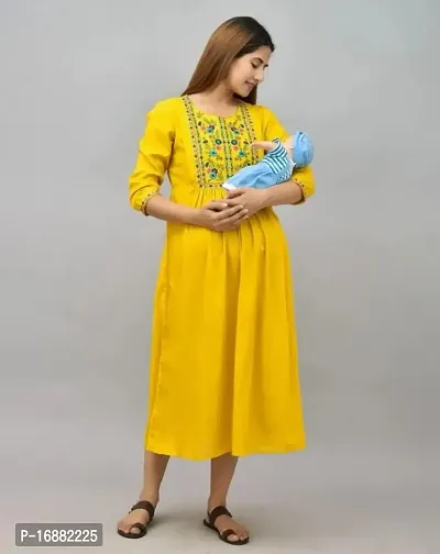 ATTiREZiLLA Women's Rayon Maternity Gown Feeding Kurti | Embroidery Maternity Dress (XX-Large, Yellow)-thumb5