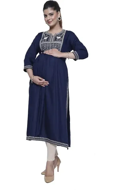 ATTiREZiLLA Women's Solid Rayon Maternity/Feeding Kurti with Embroidery On Neck (X-Large)