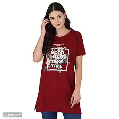 TWINSBOYS Casual Longline Round Neck Maroon T-Shirt for Women's-thumb4