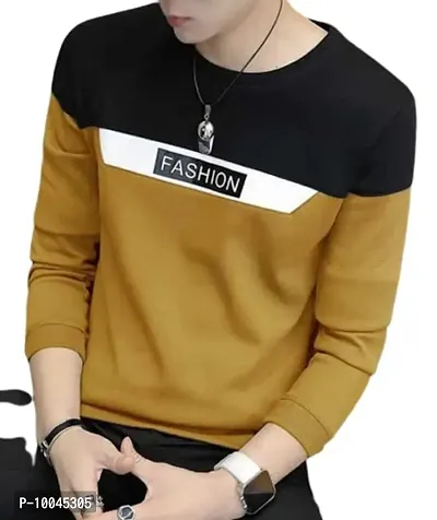 TWINSBOYS Round Neck Striped Full Sleeve Cotton Blend T Shirt (Medium, Mustard & Black)-thumb0
