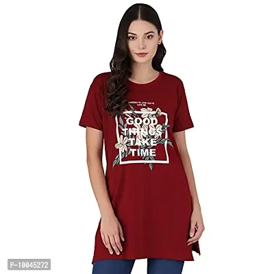 TWINSBOYS Casual Longline Round Neck Maroon T-Shirt for Women's-thumb1