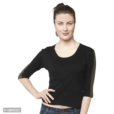 Viral Trend Cotton 3/4th / Half Sleeves Round Neck Tshirt for Women (Black)