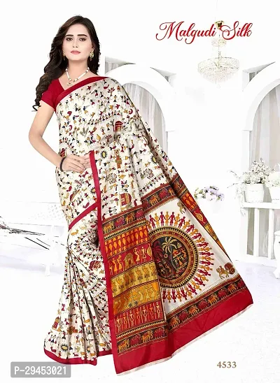 Elegant White Art Silk Saree with Blouse piece For Women-thumb0