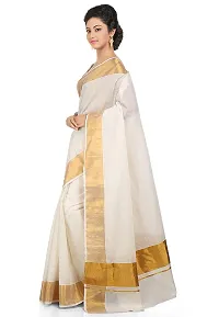 Stylish Cotton White Solid Kasavu  Saree With Blouse Piece-thumb1