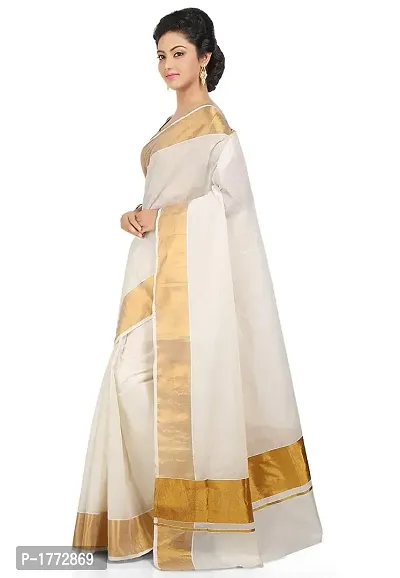 Stylish Cotton White Solid Kasavu  Saree With Blouse Piece-thumb2