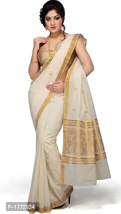 Stylish Cotton White Solid Kasavu Saree With Blouse Piece-thumb0