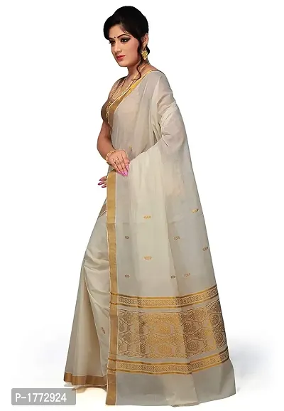 Stylish Cotton White Solid Kasavu Saree With Blouse Piece-thumb2