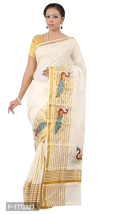 Cotton White Solid Kasavu  Saree-thumb0