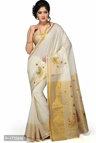 Kerala Cotton White Printed Kasavu Saree with Blouse Piece