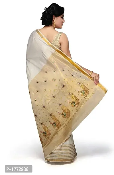 Kerala Cotton White Printed Kasavu Saree with Blouse Piece-thumb2