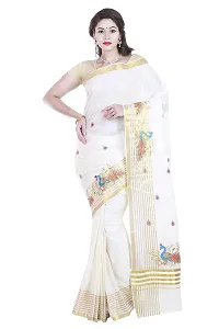 Selvamani tex Kerala Kasavu Peacock Embroidered Cotton Saree With Running Blousess-thumb1