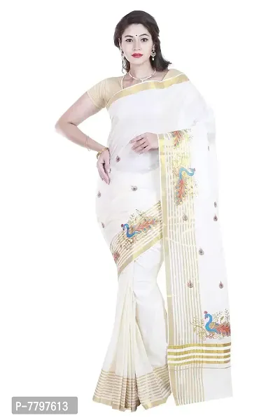 Selvamani tex Kerala Kasavu Peacock Embroidered Cotton Saree With Running Blousess-thumb2