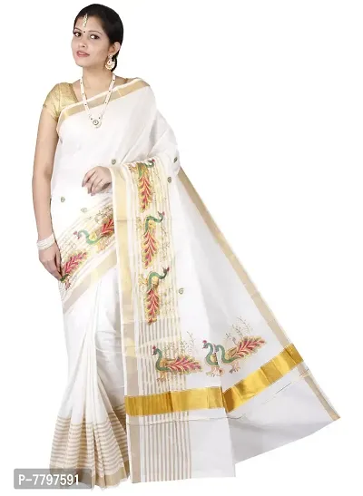 R SELVAMANI TEX Women's Kasavu Cotton Saree with Running Blouse (EM-4_White, Green)-thumb0