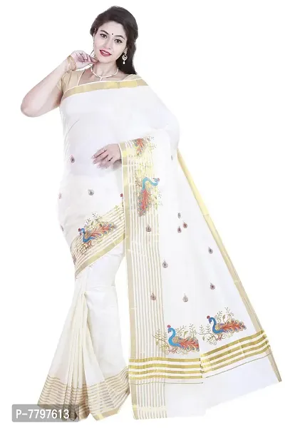 Selvamani tex Kerala Kasavu Peacock Embroidered Cotton Saree With Running Blousess-thumb0