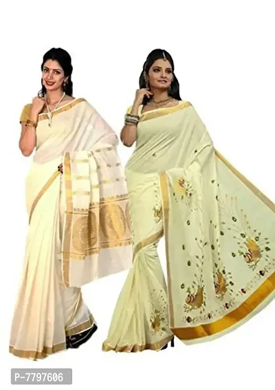 Trendy Cotton Kerala Kasavu Zari Sarees With Blouse Pack of 2-thumb0