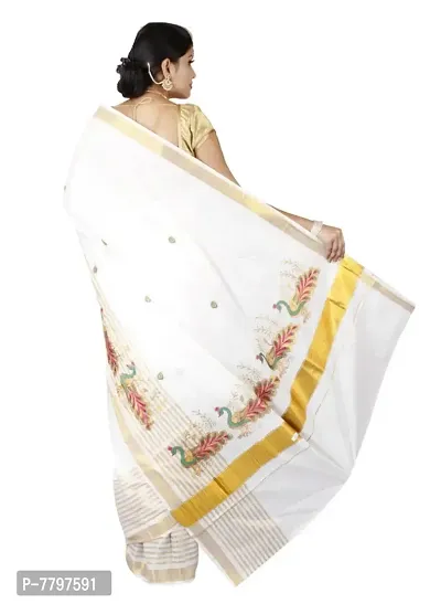 R SELVAMANI TEX Women's Kasavu Cotton Saree with Running Blouse (EM-4_White, Green)-thumb3