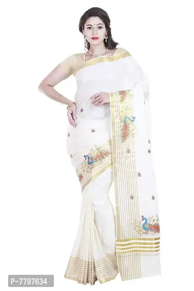 R SELVAMANI TEX Women's kasavu Cotton Saree with Blouse (EM-2_White, Blue)-thumb2