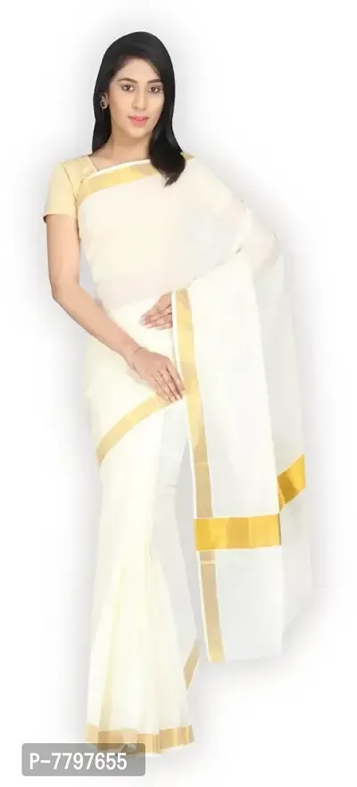 selvamani tex cotton kerala kasavu zari saree with golden blouse material-thumb0