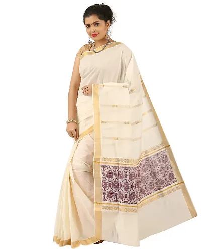 R SELVAMANI TEX Women's Kerala Kasavu Zari Saree with Blouse (Tis-selfy, Purple)