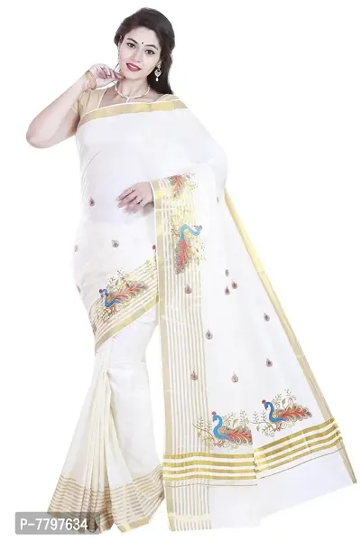 R SELVAMANI TEX Women's kasavu Cotton Saree with Blouse (EM-2_White, Blue)-thumb0