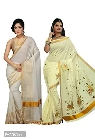 selvamani tex cotton kerala kasavu zari saree with blouse pack of 2-thumb0