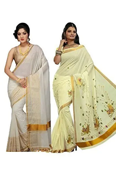 Trendy Cotton Kerala Kasavu Zari Sarees Combo With Blouse