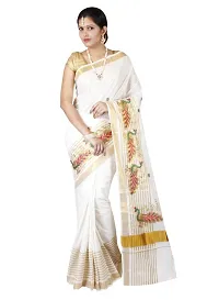 R SELVAMANI TEX Women's Kasavu Cotton Saree with Running Blouse (EM-4_White, Green)-thumb1