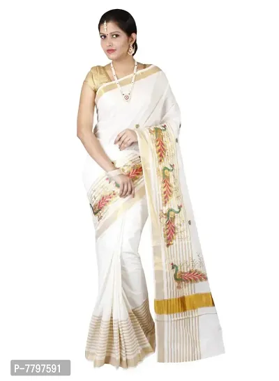 R SELVAMANI TEX Women's Kasavu Cotton Saree with Running Blouse (EM-4_White, Green)-thumb2