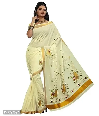 R SELVAMANI TEX Women's Cotton Saree With Blouse Piece (RST-106_White, Gold)-thumb0