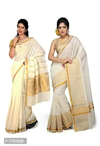 selvamani tex cotton kerala kasavu zari saree with blouse pack of 2-thumb0