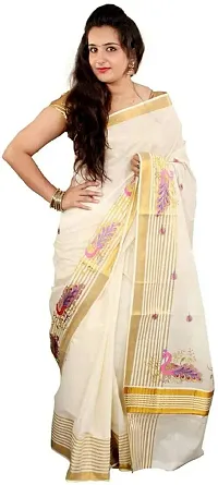 Trendy Cotton Kasavu Sarees With Blouse Piece