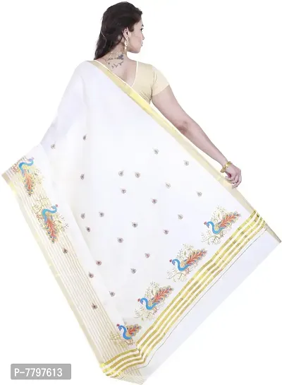 Selvamani tex Kerala Kasavu Peacock Embroidered Cotton Saree With Running Blousess-thumb3