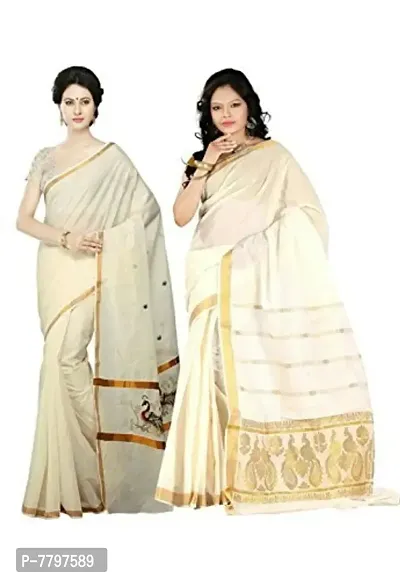 selvamani tex cotton kerala kasavu zari saree with blouse pack of 2-thumb0