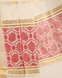 R SELVAMANI TEX Women's Cotton Kerala Kasavu Zari Saree with Blouse (Tis-selfy, Red)-thumb2