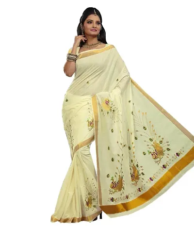 Trendy Cotton Kasavu Sarees With Blouse Piece