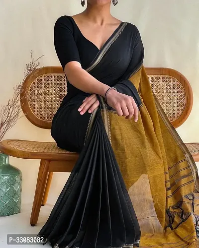 Elegant Black Cotton Saree without Blouse piece For Women-thumb0